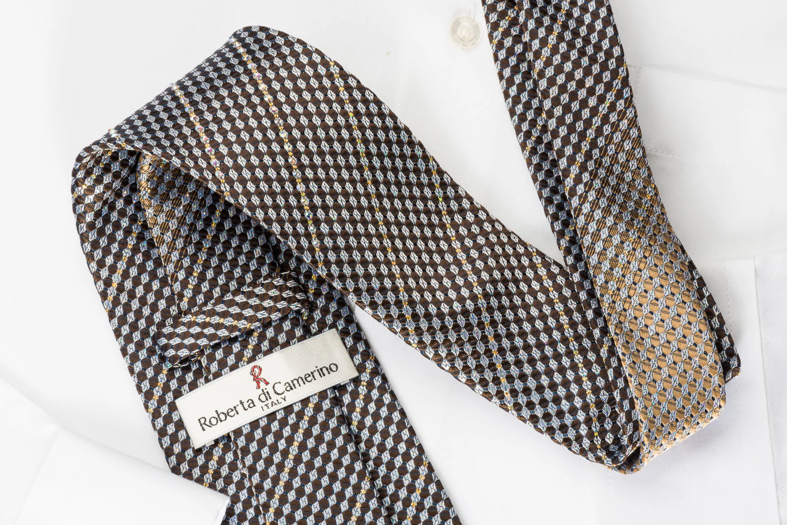 Roberta di Camerino Silk Rhinestone Necktie Silver Brown Black Checker With Silver Sparkles - Image 7