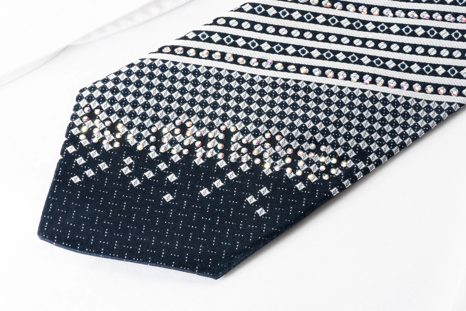 Roberta di Camerino Silk Rhinestone Tie Silver Stripes On Navy Blue With Silver Sparkles - Image 4