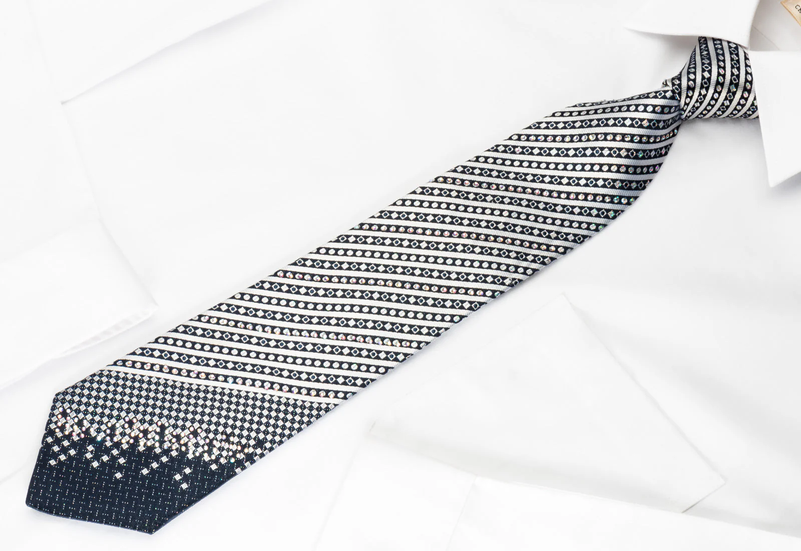 Roberta di Camerino Silk Rhinestone Tie Silver Stripes On Navy Blue With Silver Sparkles - Image 5