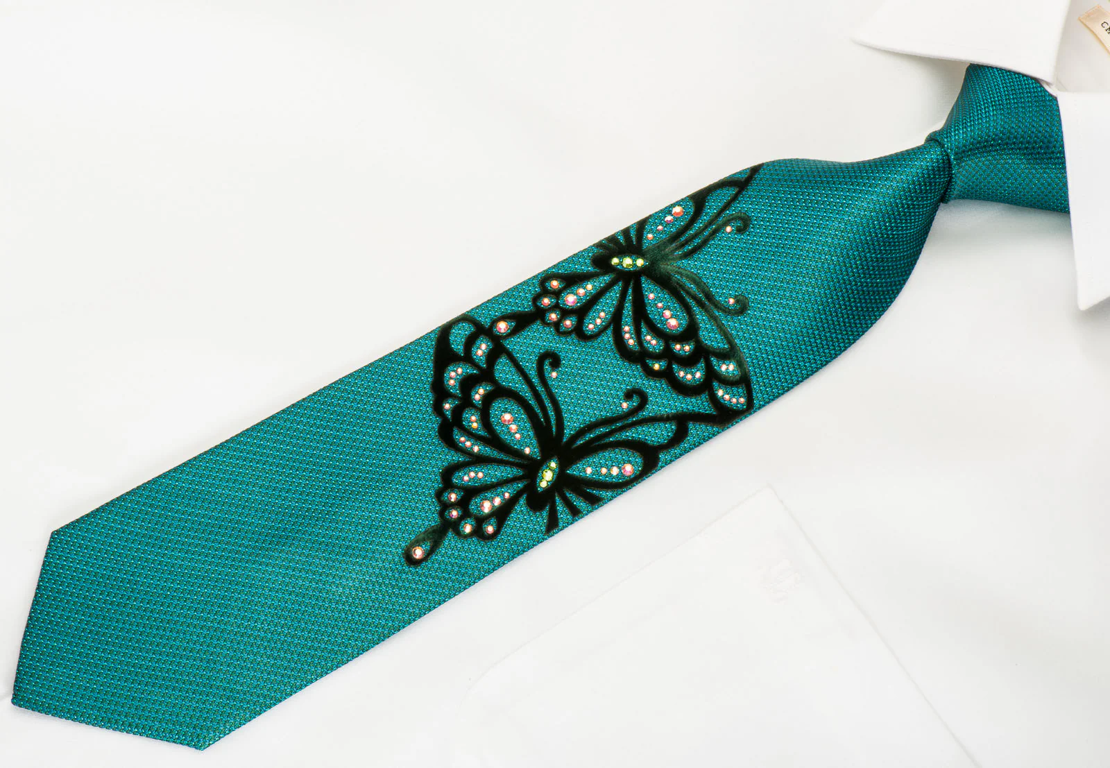 Roberta di Camerino Silk Tie Butterflies On Teal With Rhinestones - Image 2