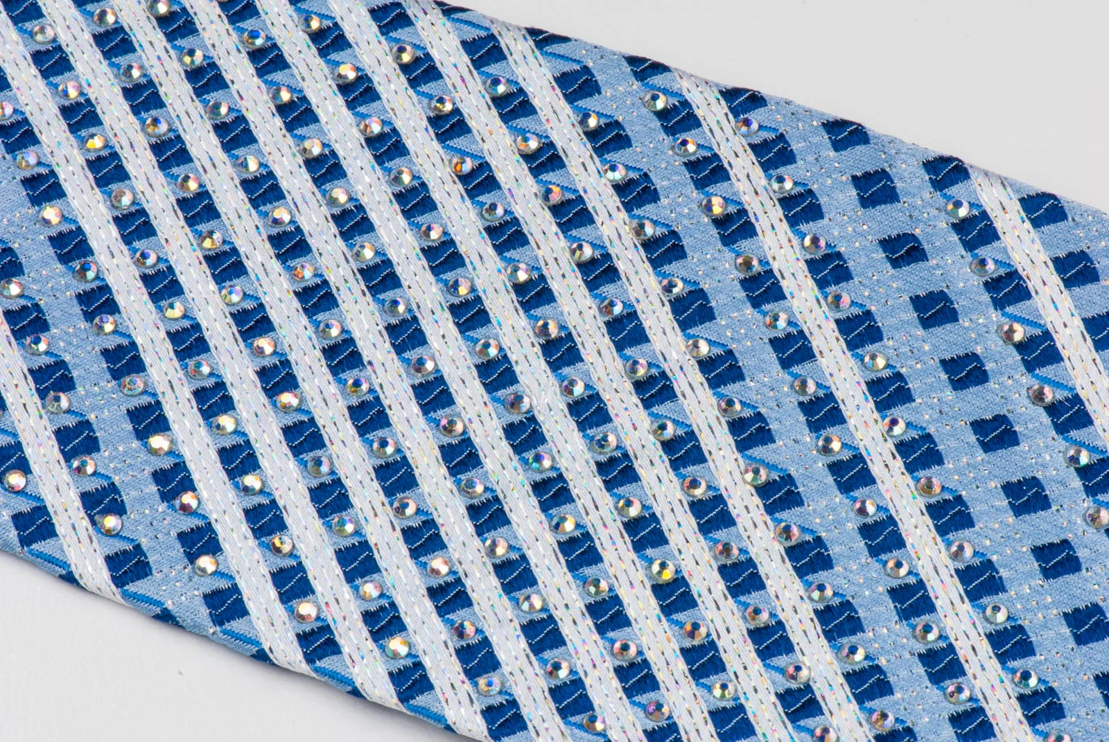 Roberta Di Camerino Silk Tie White Stripes & Checks On Blue With Rhinestones - Image 6