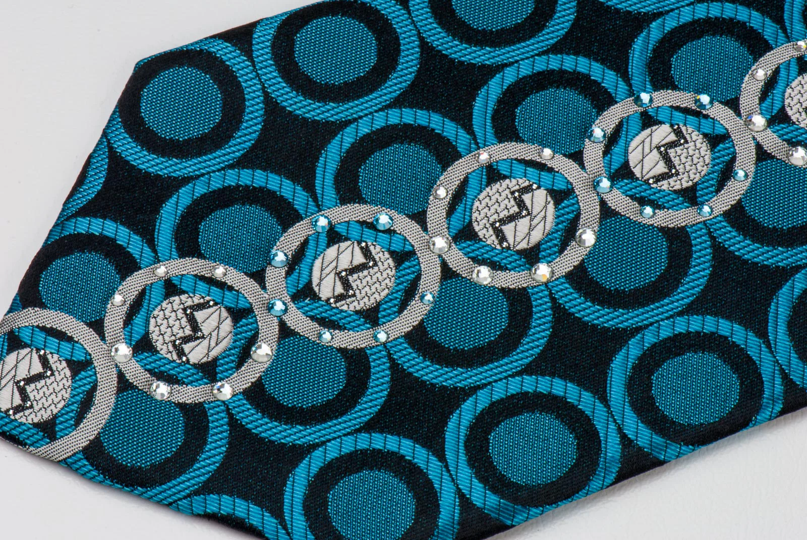 Roberta di Camerino Tie Silver Turquoise Circles On Navy Blue With Rhinestones - Image 3