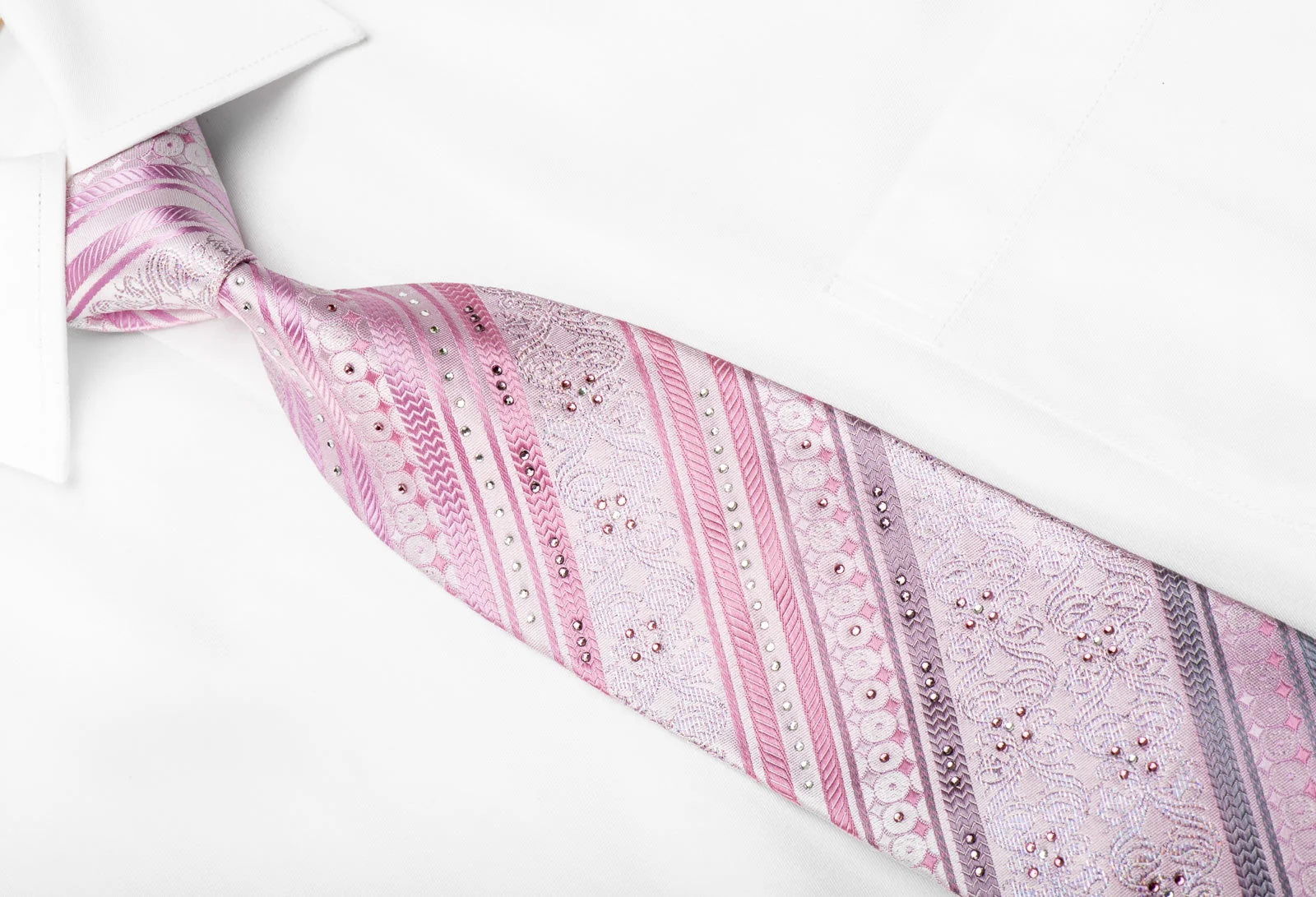 Rogatis Men's Crystal Rhinestone Necktie Striped On Pink Silk With Sparkles - Image 2