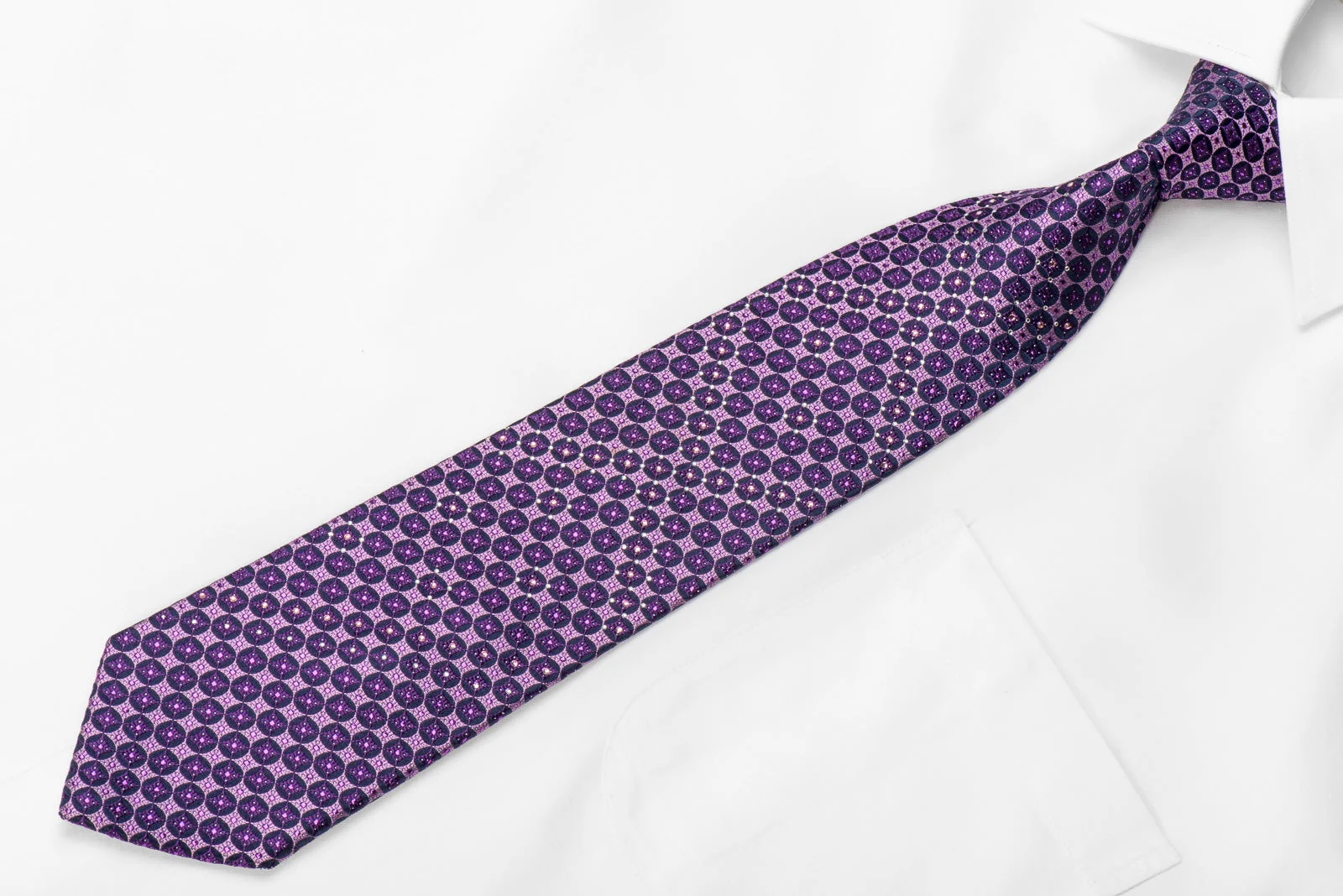 Rogatis Men's Crystal Rhinestone Silk Necktie Purple Geometric With Sparkles - Image 2