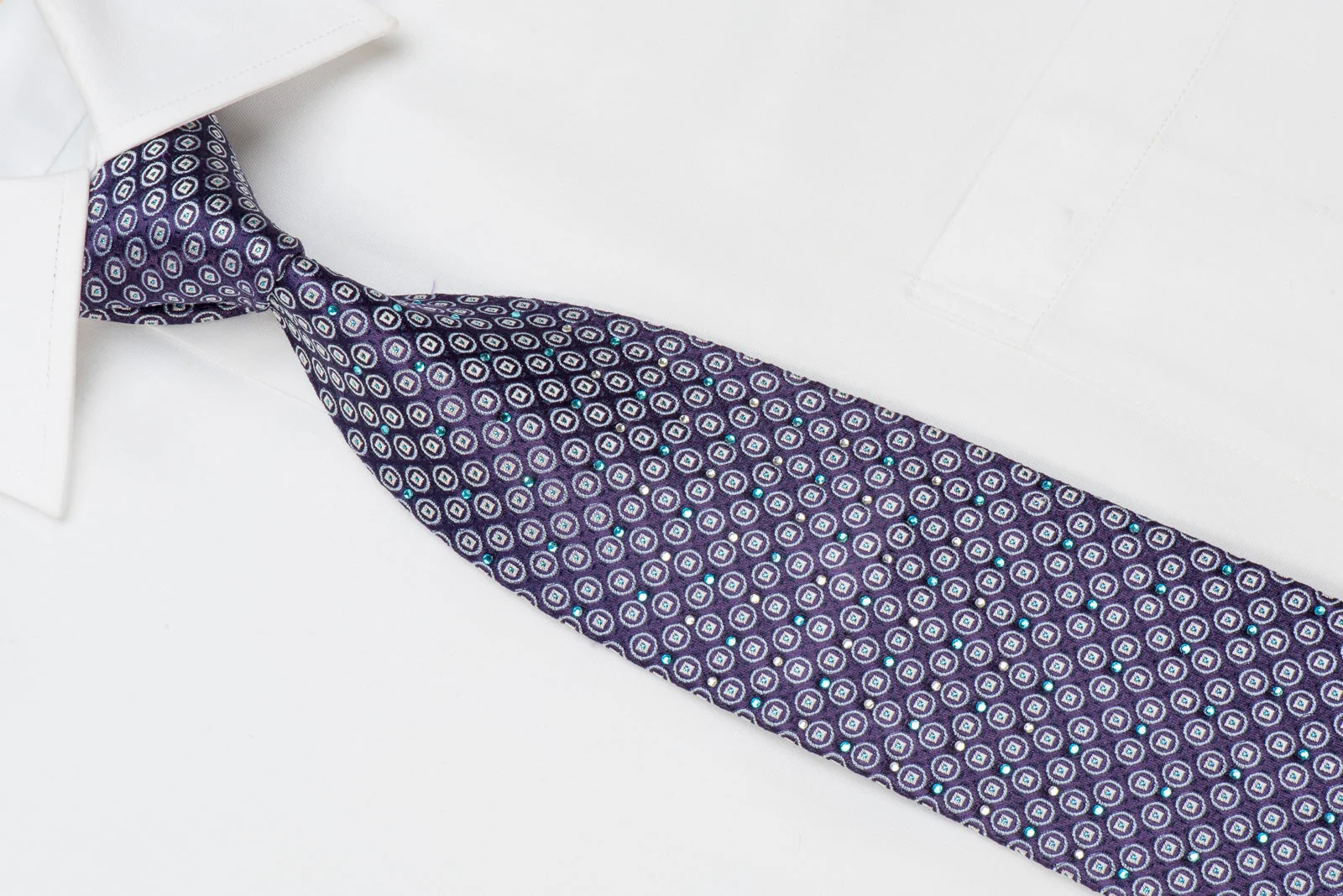 Rogatis Men's Crystal Silk Necktie Silver Geometric Dots On Purple With Blue Sparkles - Image 2