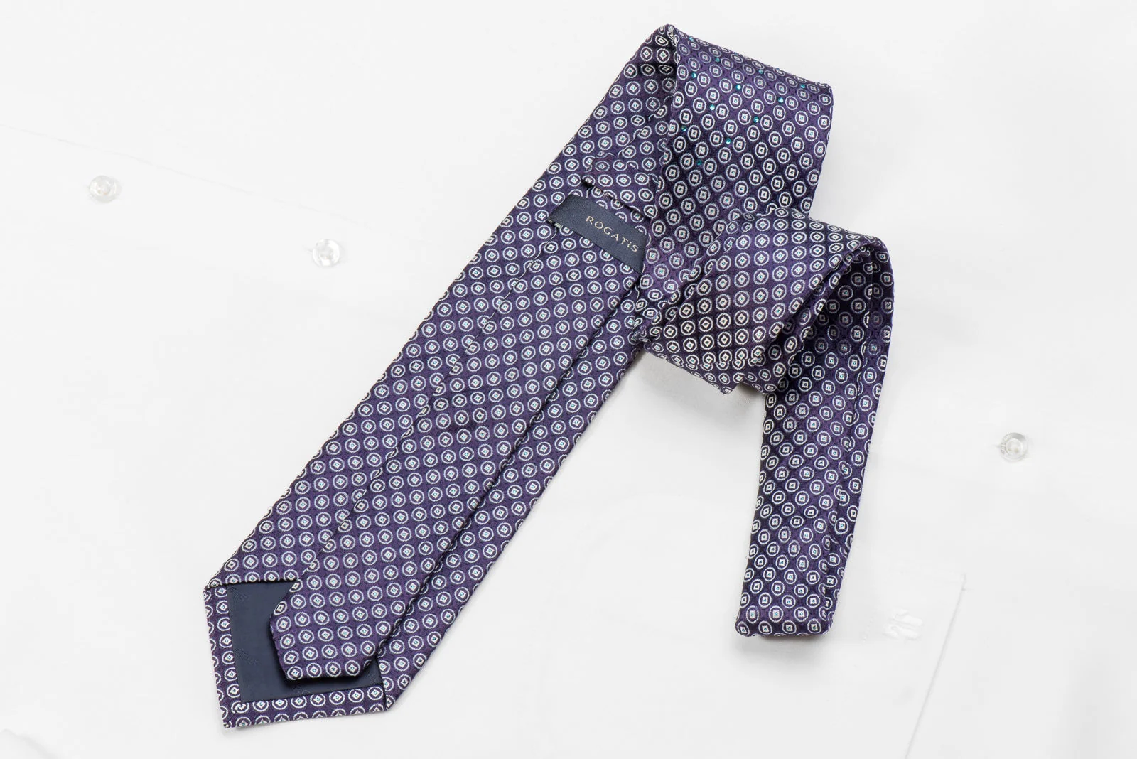 Rogatis Men's Crystal Silk Necktie Silver Geometric Dots On Purple With Blue Sparkles - Image 4