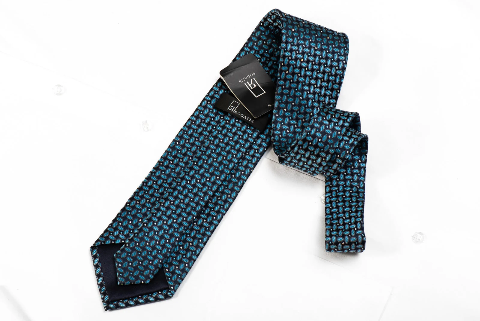 Rogatis Men's Crystal Silk Tie Geometric On Blue With Silver Sparkles - Image 4