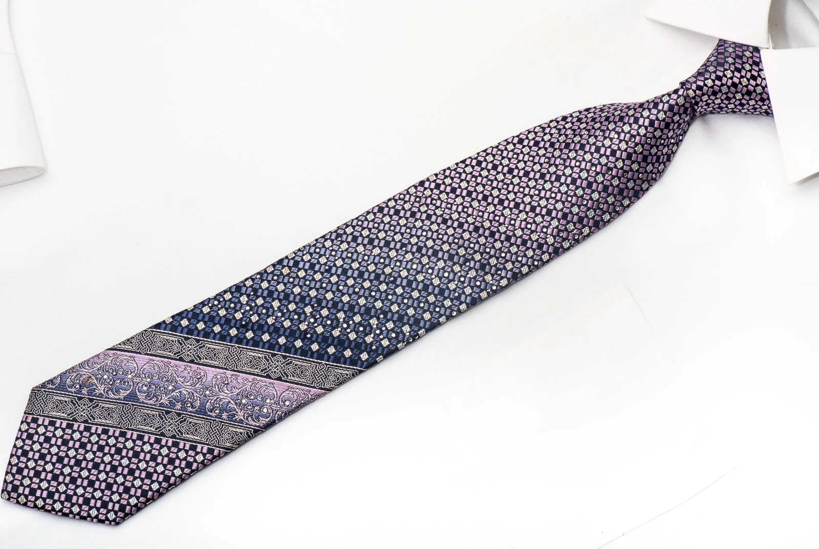 Rogatis Men's Rhinestone Silk Necktie Silver Purple Checkered With Silver Sparkles - Image 4
