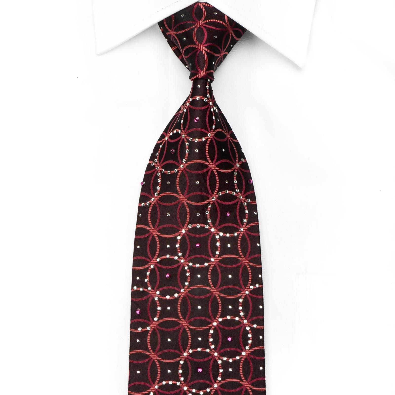 Rogatis Men's Silk Crystal Necktie Interlocking Circles On Dark Burgundy With Silver Sparkles