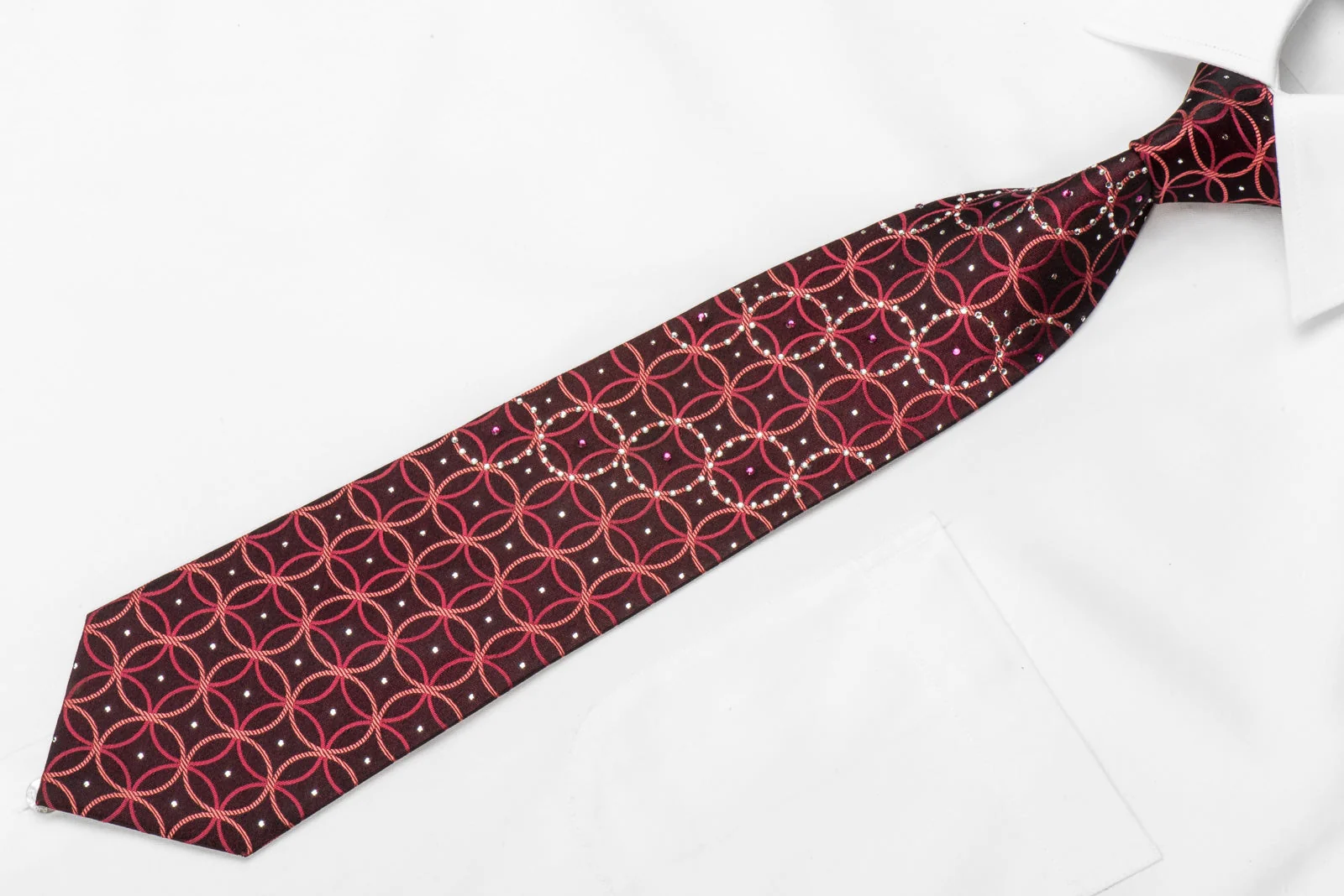 Rogatis Men's Silk Crystal Necktie Interlocking Circles On Dark Burgundy With Silver Sparkles - Image 2