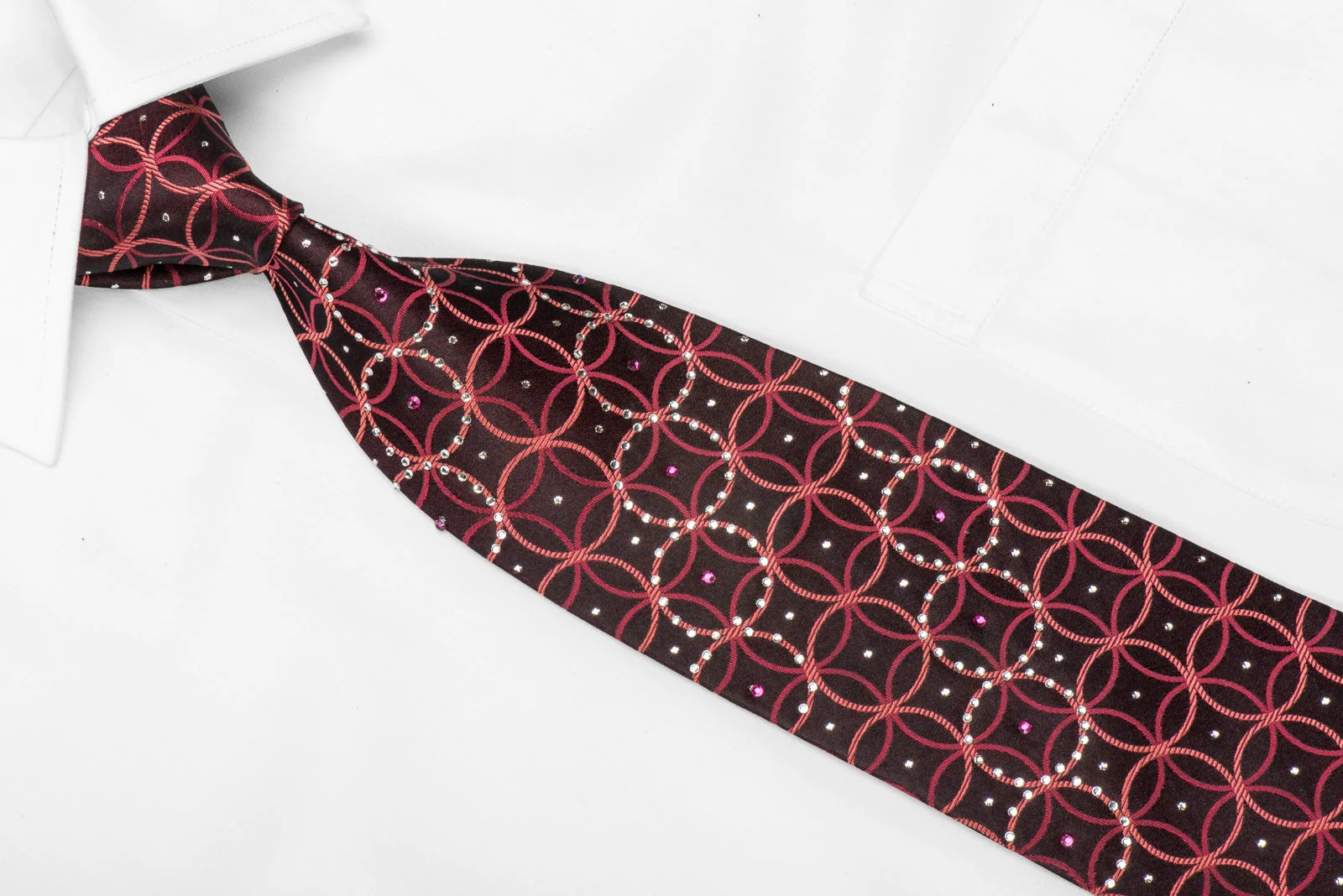 Rogatis Men's Silk Crystal Necktie Interlocking Circles On Dark Burgundy With Silver Sparkles - Image 3