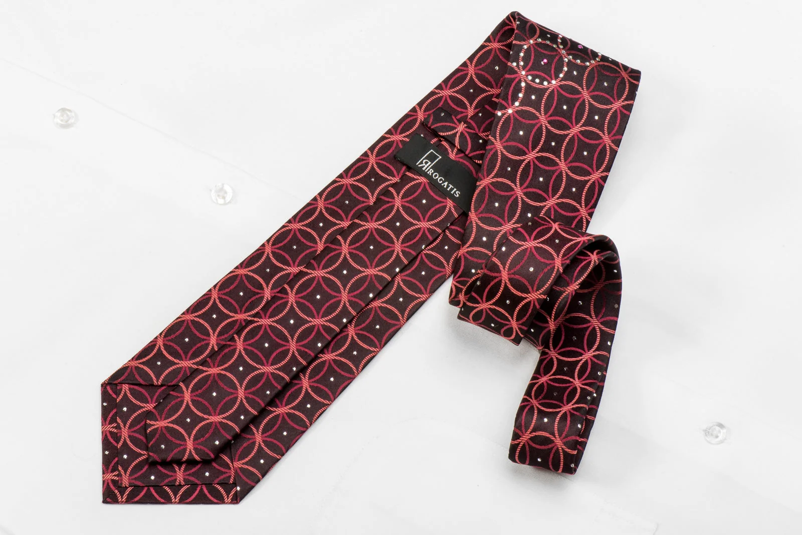 Rogatis Men's Silk Crystal Necktie Interlocking Circles On Dark Burgundy With Silver Sparkles - Image 4