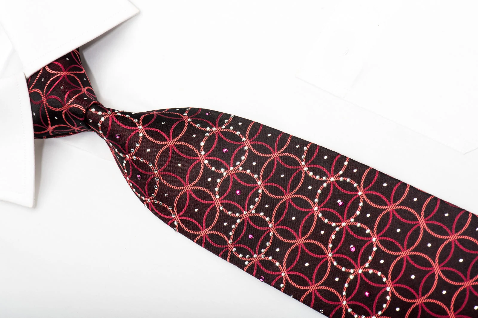 Rogatis Men's Silk Necktie Orange Interlocking Circles On Black Orange Sparkling With Rhinestones - Image 3