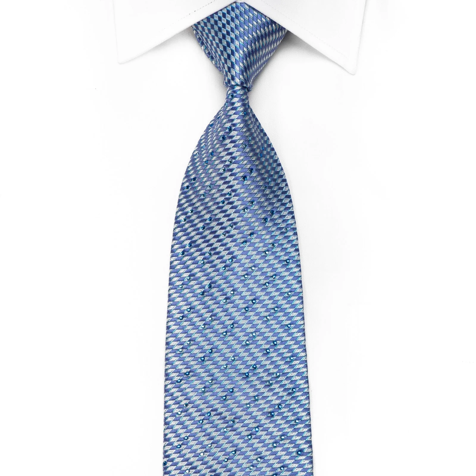 Rogatis Mens Crystal Silk Necktie Blue Geometric Checkered With Blue Sparkles