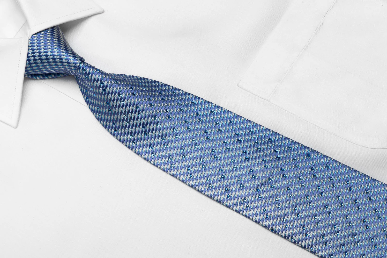 Rogatis Mens Crystal Silk Necktie Blue Geometric Checkered With Blue Sparkles - Image 3