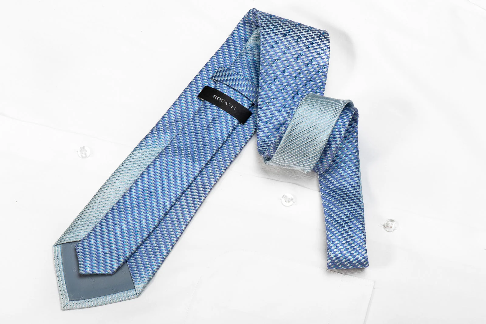 Rogatis Mens Crystal Silk Necktie Blue Geometric Checkered With Blue Sparkles - Image 4