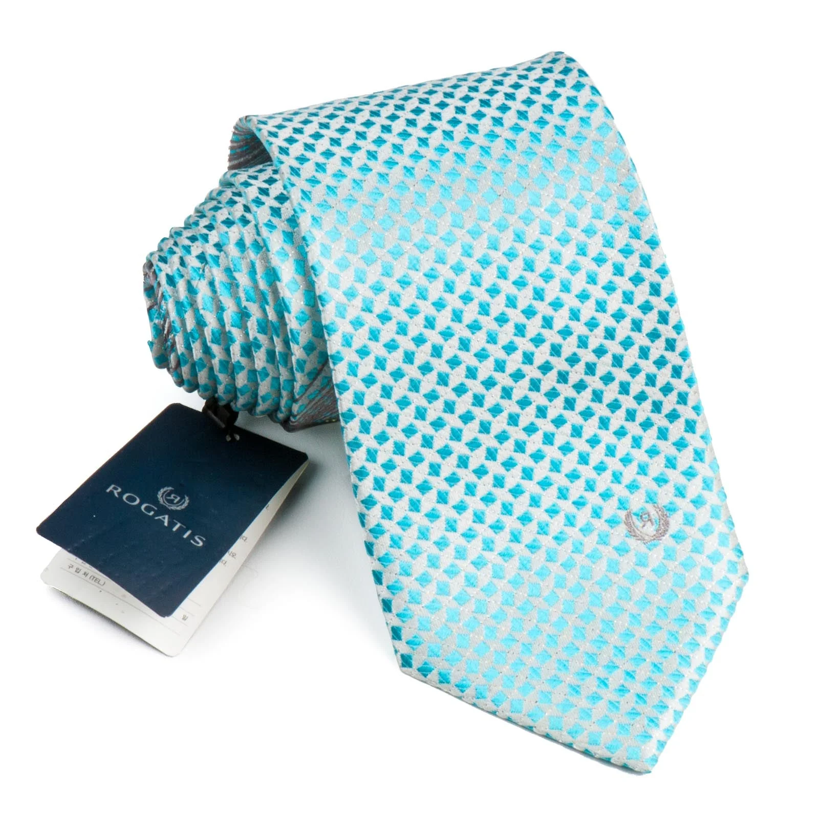 Rogatis Mens Rhinestone Silk Neck Tie Blue Squares On White With Silver Stripes