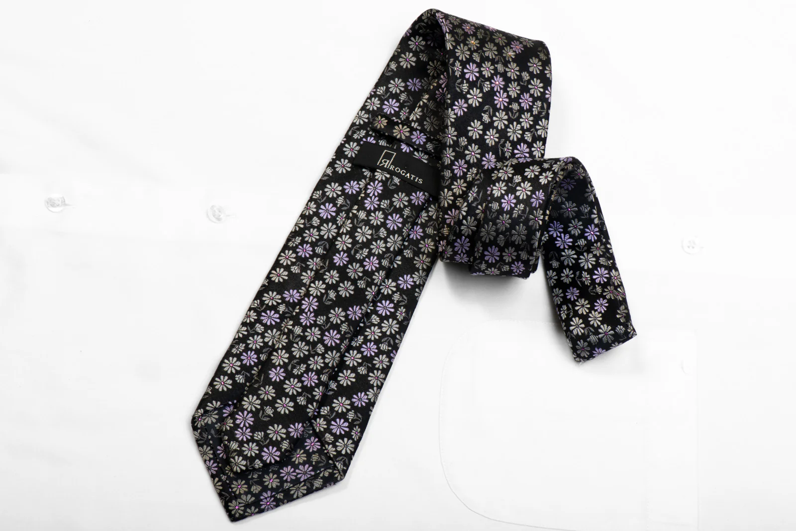 Rogatis Rhinestone Necktie Silver Mauve Floral On Black With Sparkles - Image 4