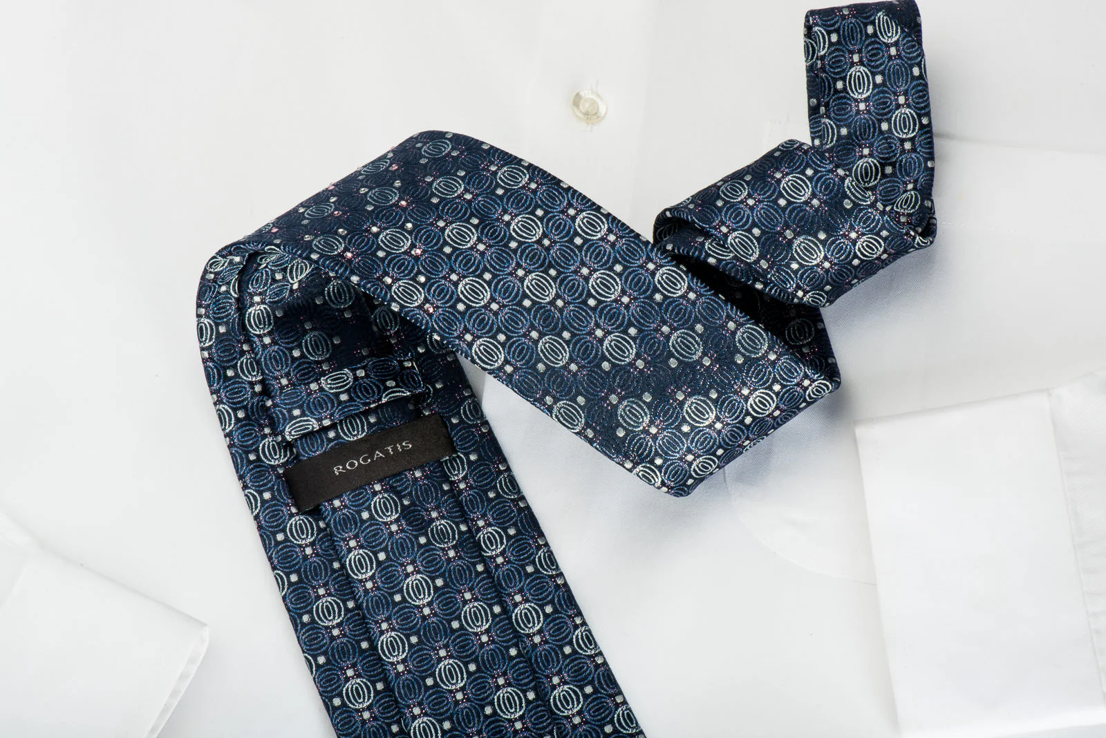 Rogatis Rhinestone Silk Necktie Geometric Circles On Dark Blue With Purple Sparkles - Image 4