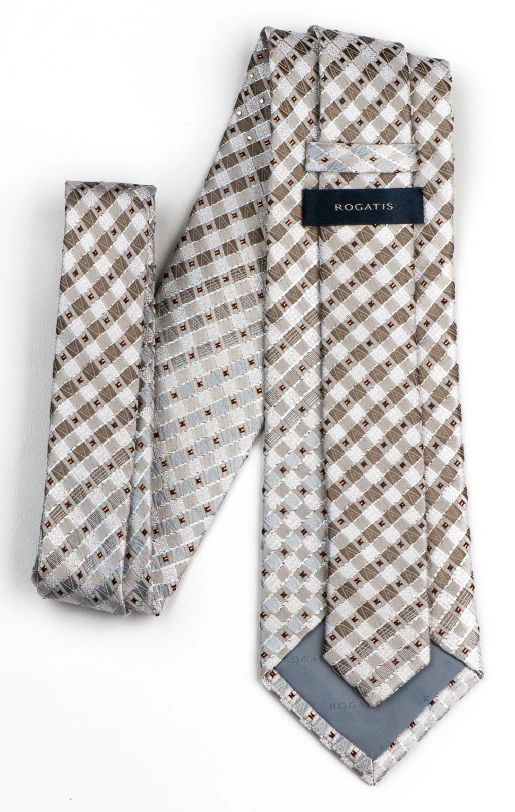 Rogatis Silk Necktie Beige Brown Check Design With Copper Sparkles & Rhinestones - Image 6