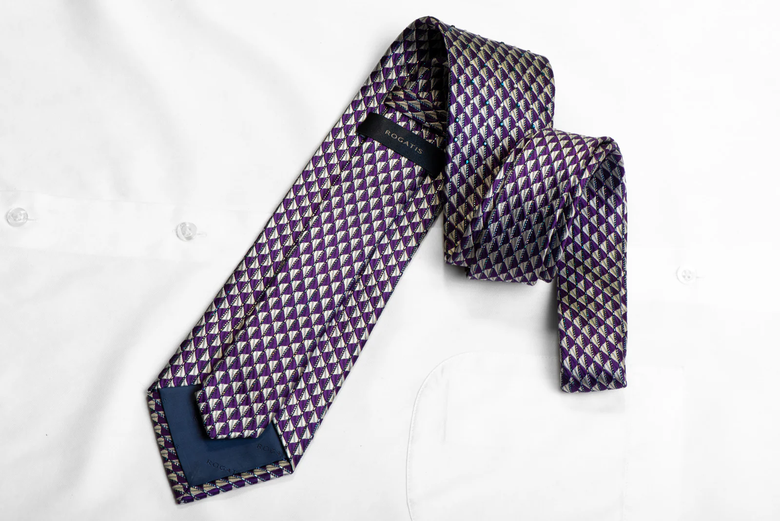 Rogatis Silk Necktie Silver Purple Geometric With Rhinestones & Silver Sparkles - Image 4