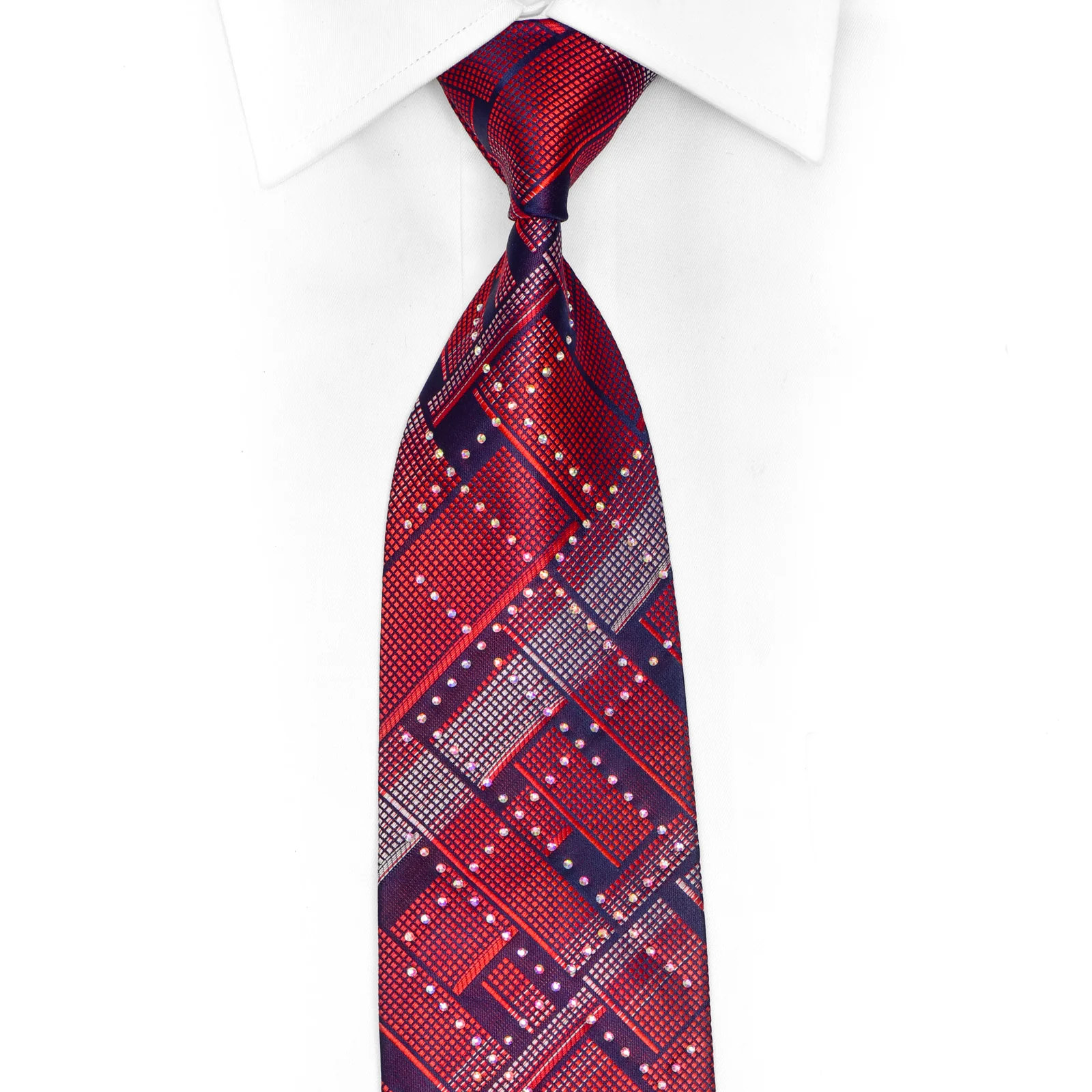 Red Geometric On Navy Rhinestone Silk Tie
