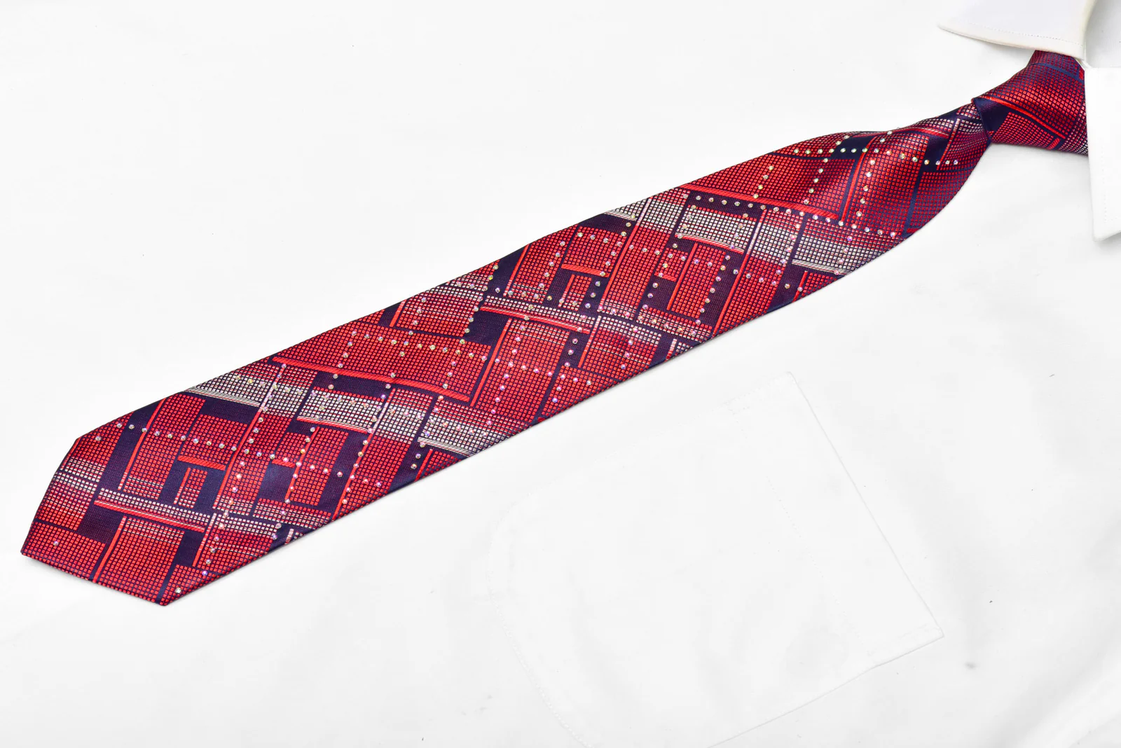 Red Geometric On Navy Rhinestone Silk Tie - Image 2