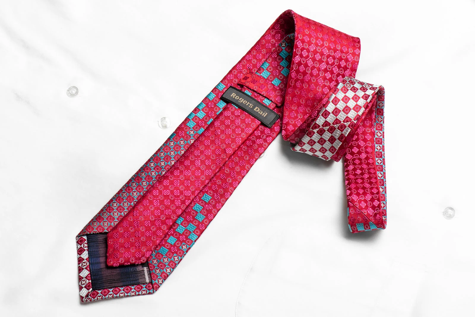Rogers Dail Men's Crystal Rhinestone Silk Necktie Blue Checkered On Pink With Sparkles - Image 4