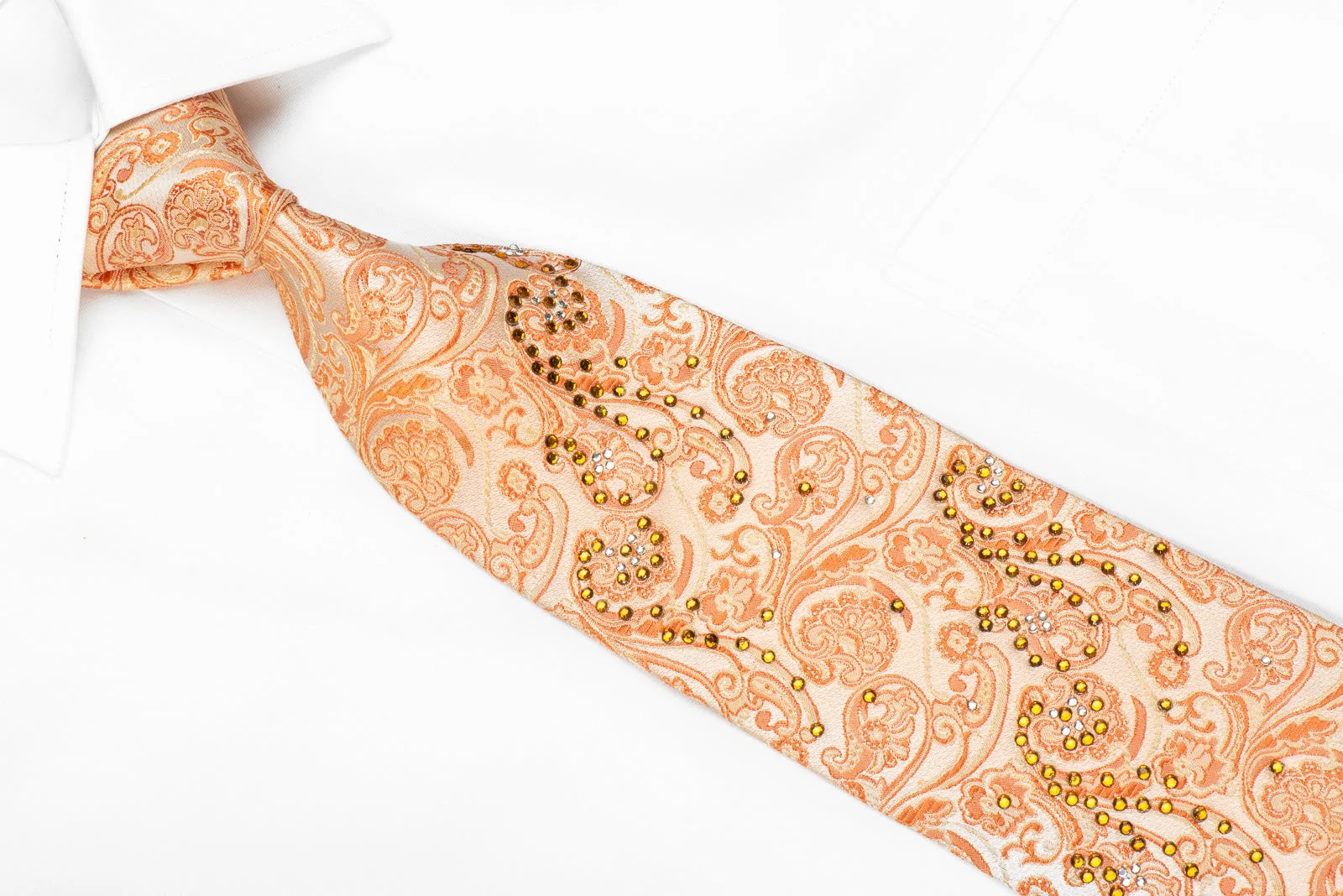 Rogers Dail Men's Crystal Silk Necktie Paisley On Peach Orange Sparkling With Rhinestones - Image 2