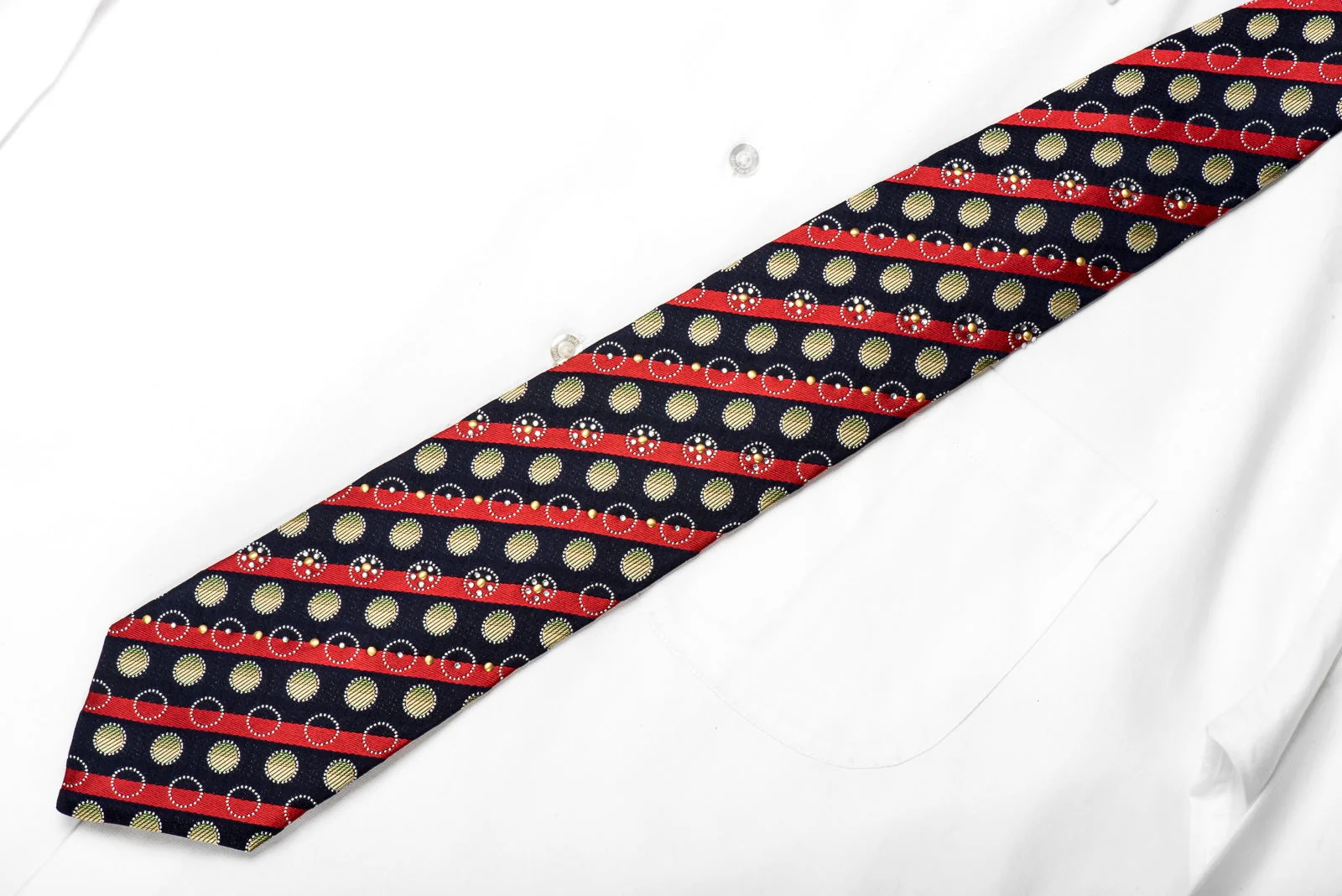 Rogers Dail Men's Crystal Silk Tie Red Striped & Circles On Navy Sparkling With Rhinestones - Image 5