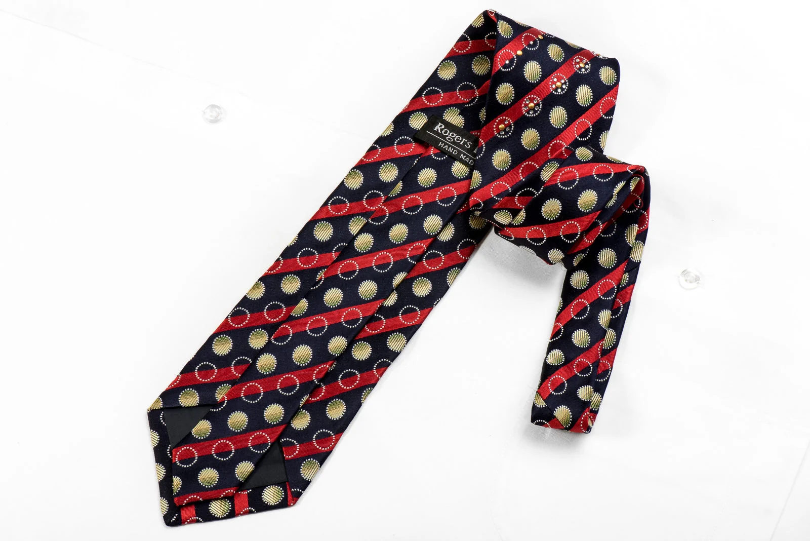 Rogers Dail Men's Crystal Silk Tie Red Striped & Circles On Navy Sparkling With Rhinestones - Image 6