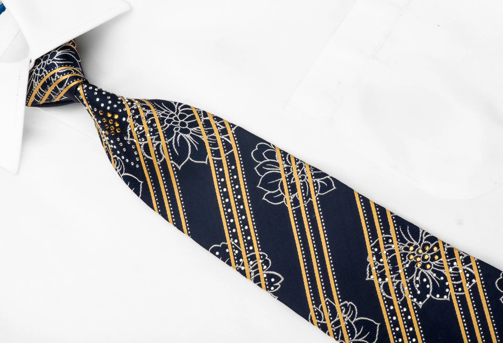 Rogers Dail Men's Rhinestone Necktie Yellow Striped Silver Floral On Navy With Sparkles - Image 2