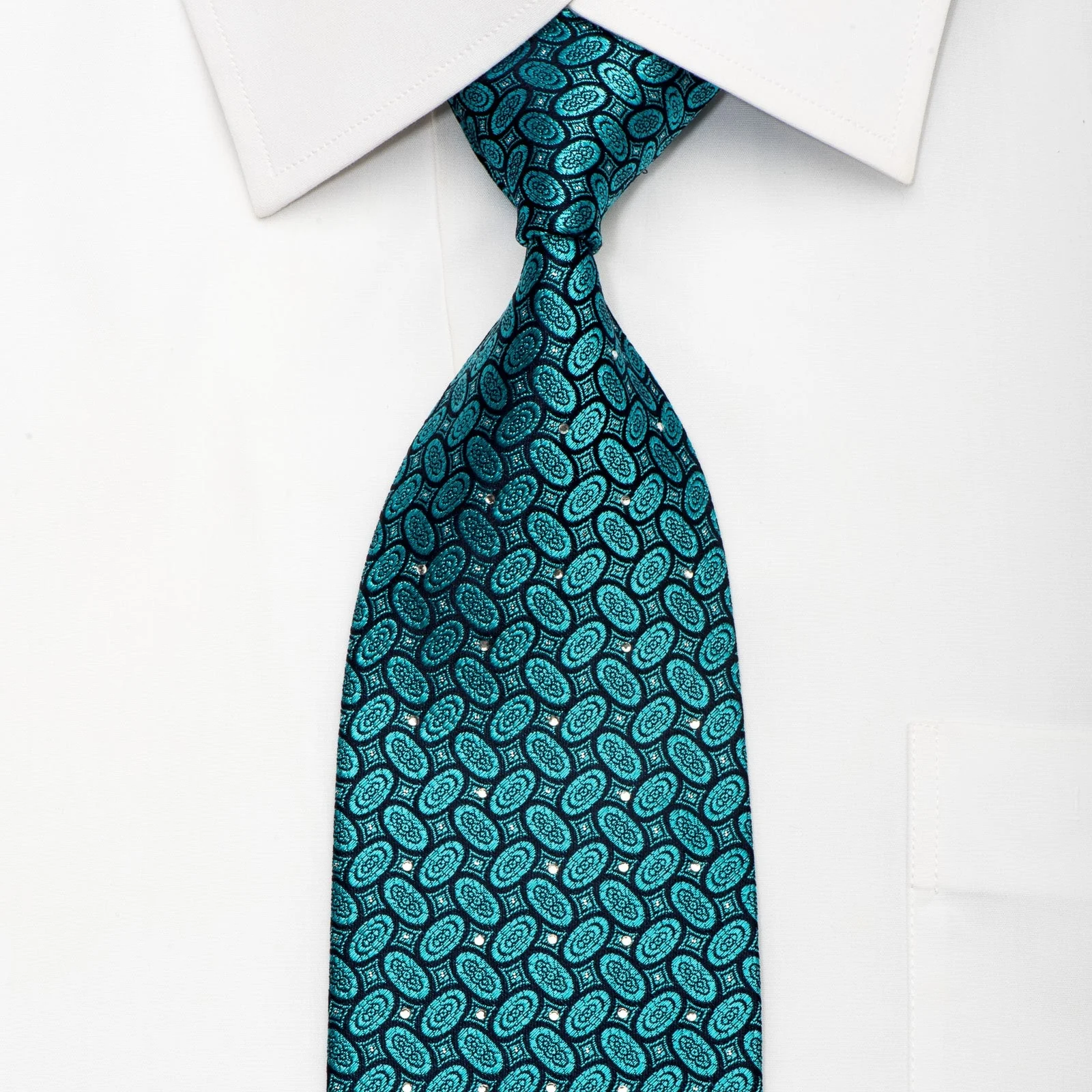 Rogers Dail Men's Silk Necktie Ovals & Striped On Turquoise Sparkling With Rhinestones