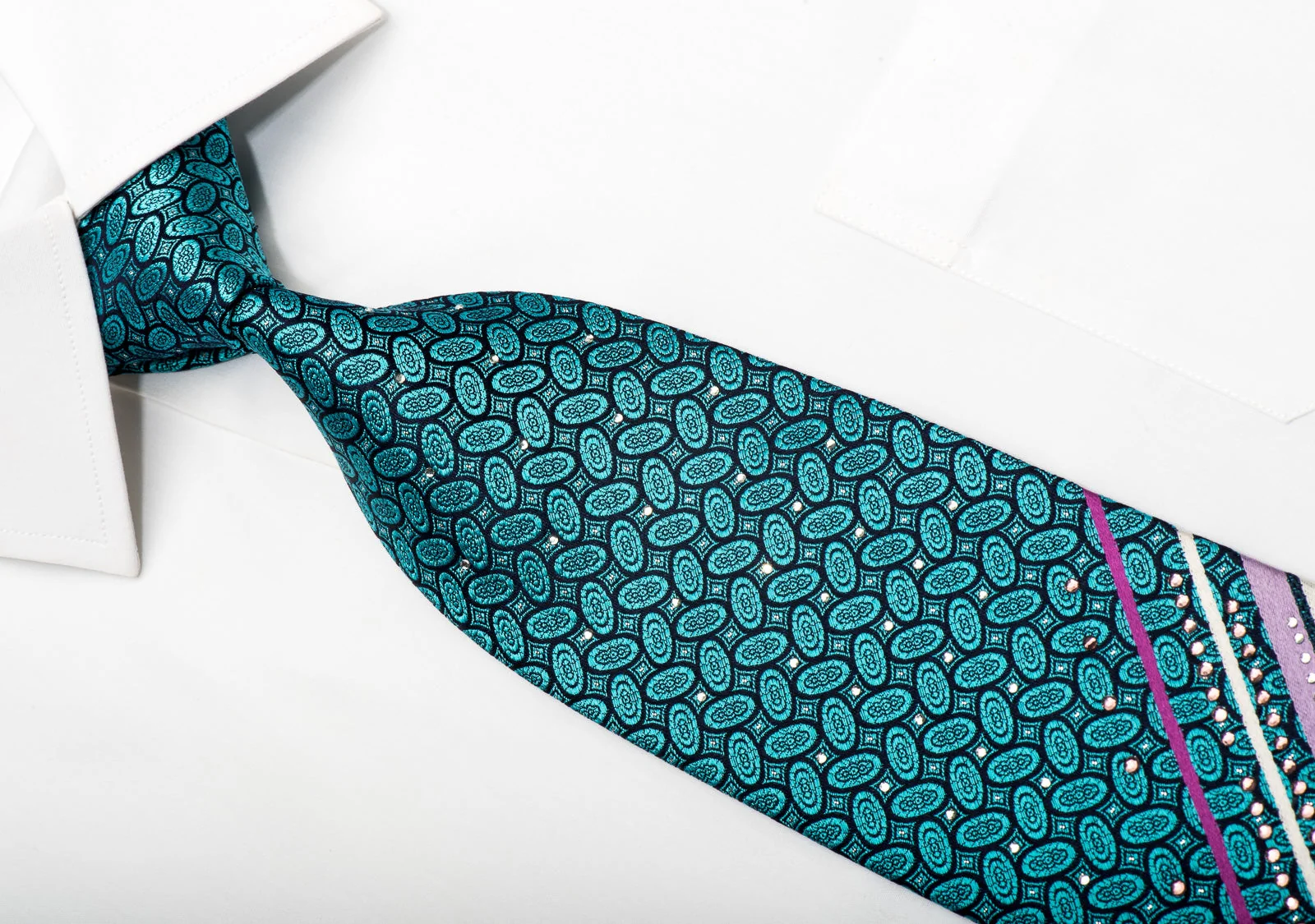 Rogers Dail Men's Silk Necktie Ovals & Striped On Turquoise Sparkling With Rhinestones - Image 2