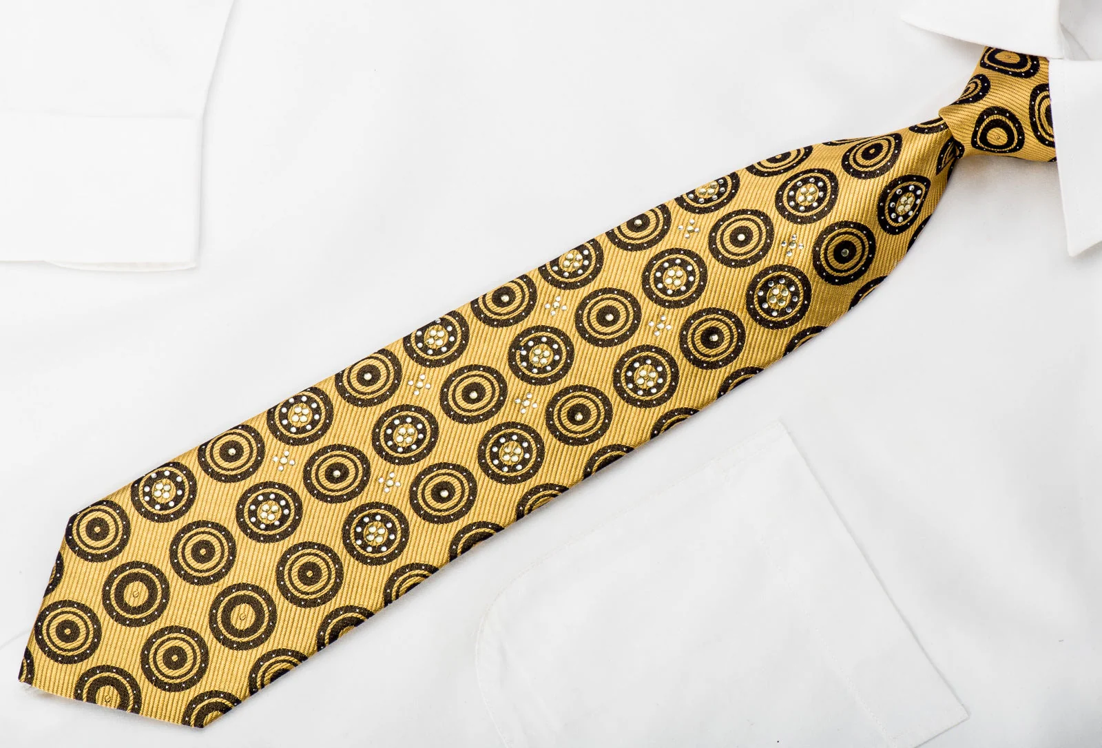 Rogers Dail Mens Rhinestone Necktie Black Medallions On Gold With Silver Sparkles - Image 3