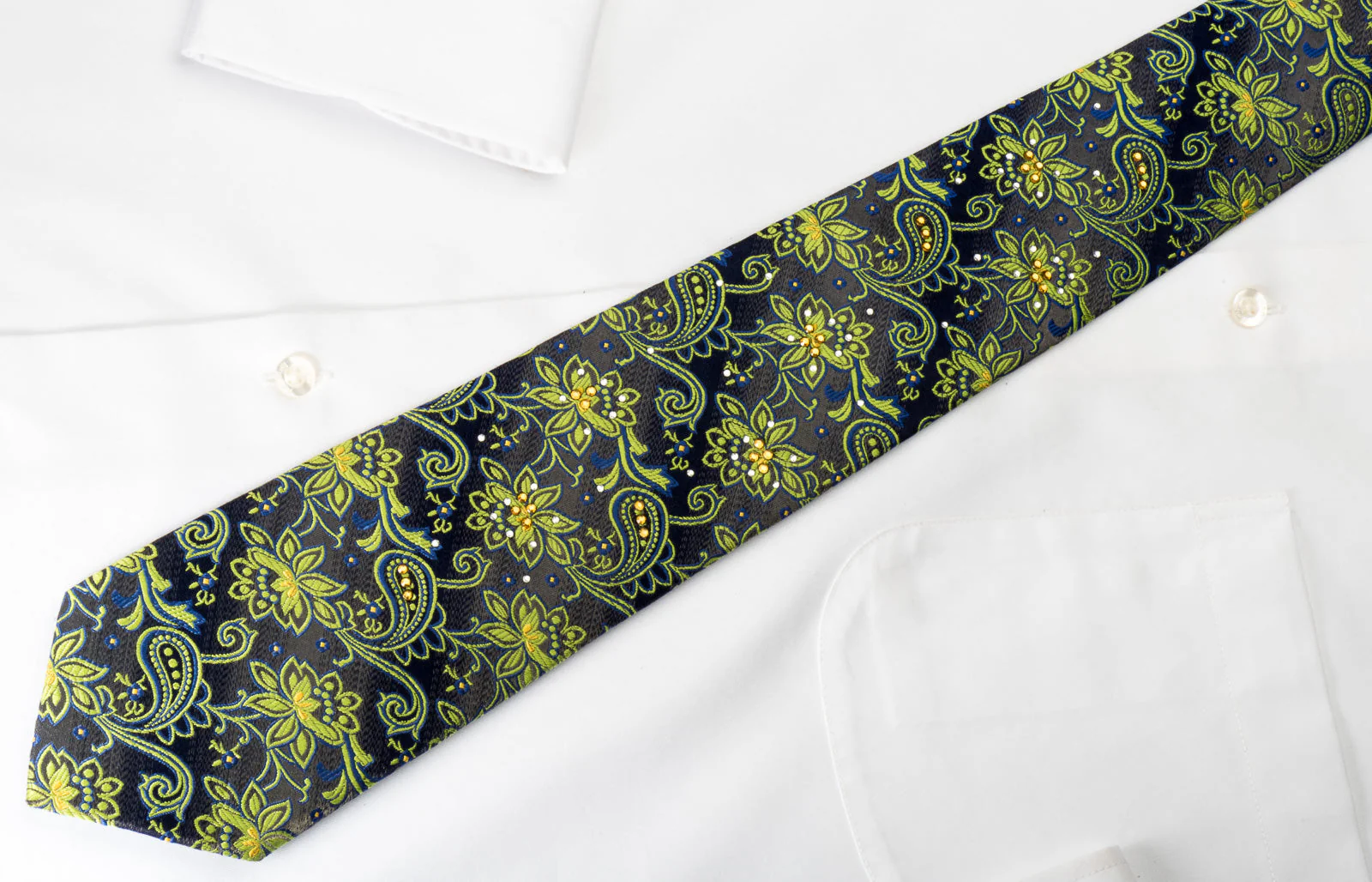 Rogers Dail Rhinestone Necktie Green Floral Paisley On Gray Silk - Image 6