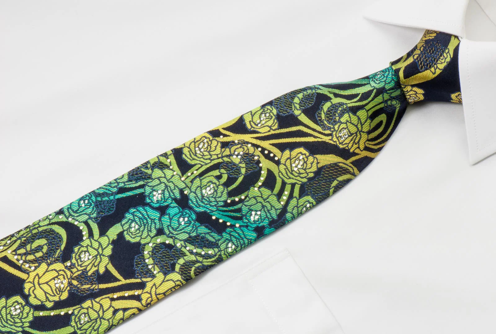 Rogers Dail Rhinestone Silk Necktie Roses On Black With Silver Sparkles