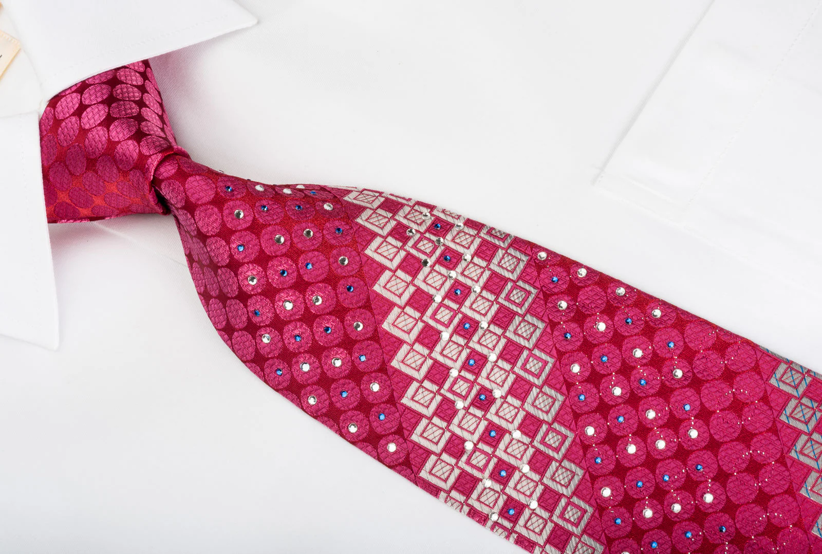 Rogers Dail Rhinestone Silk Necktie Silver Checkered & Dots On Red With Sparkles - Image 3