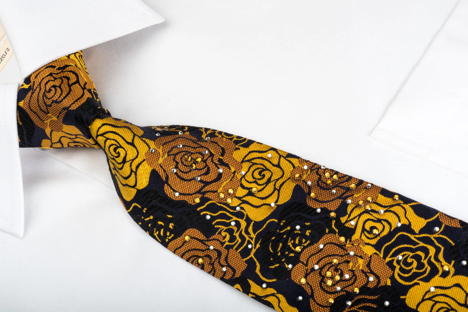 Rogers Dail Silk Necktie Golden Floral Roses On Black With Sparkling Rhinestones - Image 3