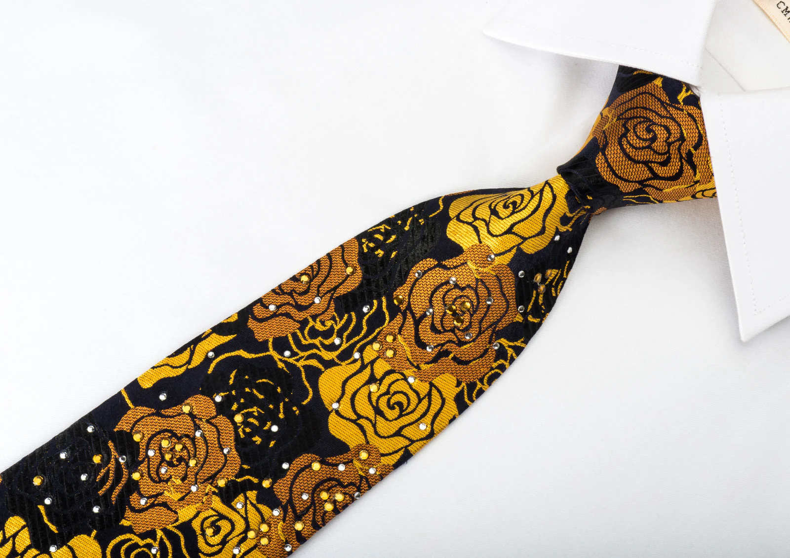 Rogers Dail Silk Necktie Golden Floral Roses On Black With Sparkling Rhinestones - Image 4