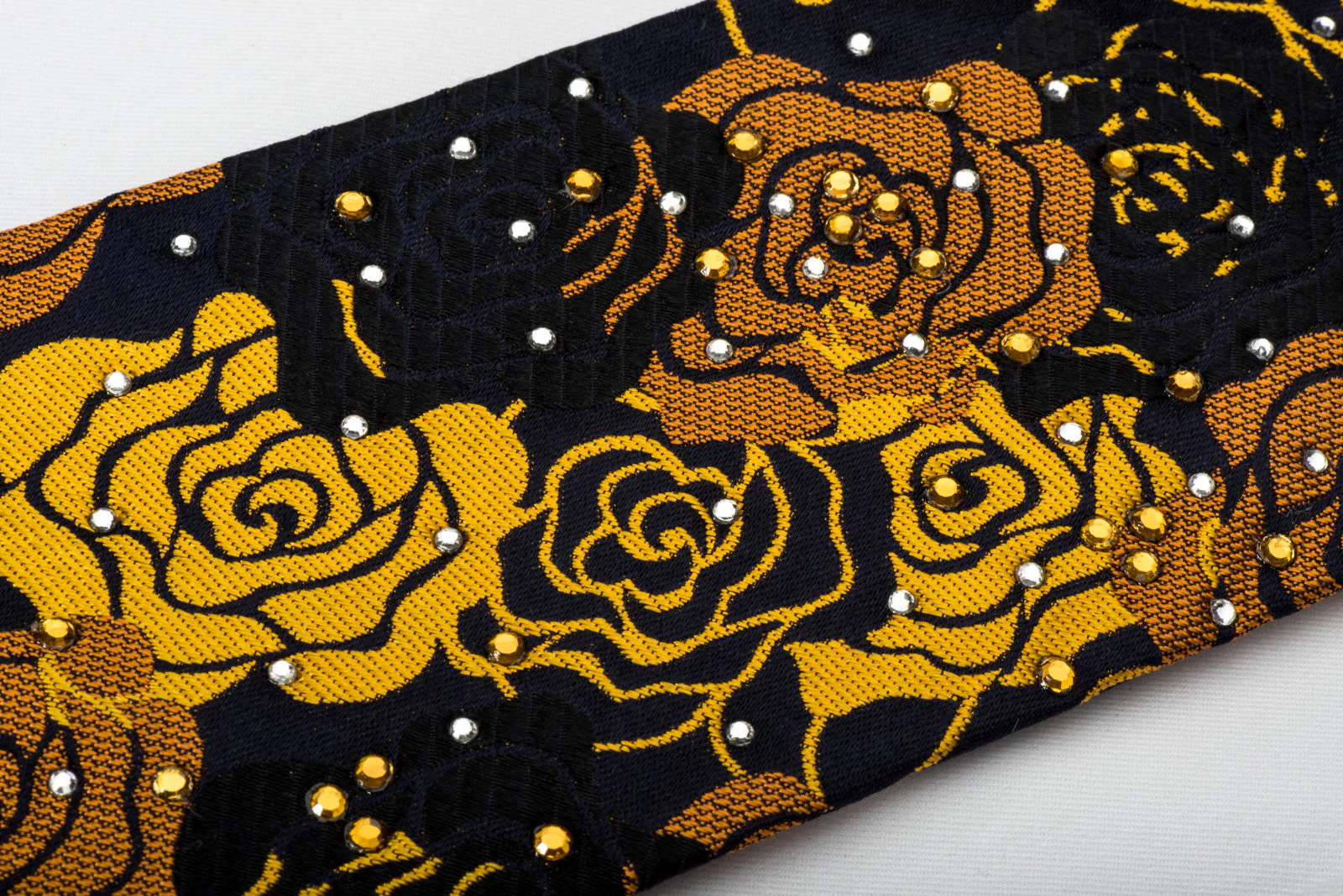 Rogers Dail Silk Necktie Golden Floral Roses On Black With Sparkling Rhinestones - Image 6