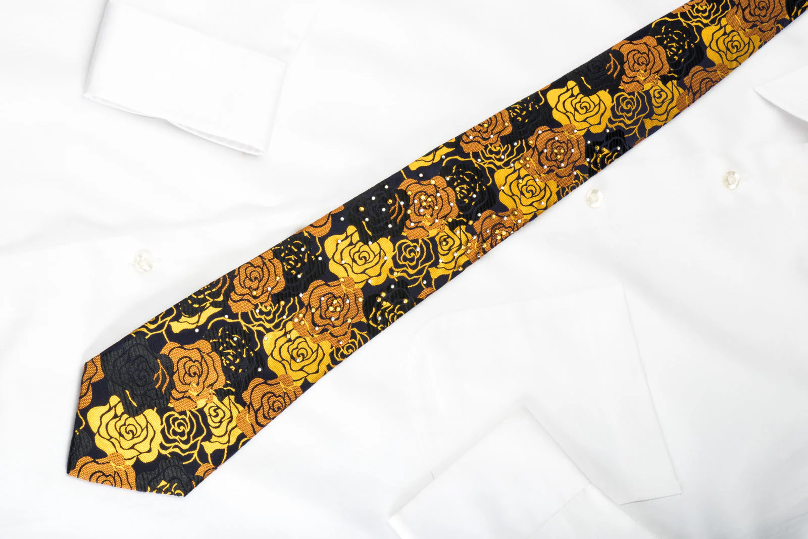 Rogers Dail Silk Necktie Golden Floral Roses On Black With Sparkling Rhinestones - Image 7
