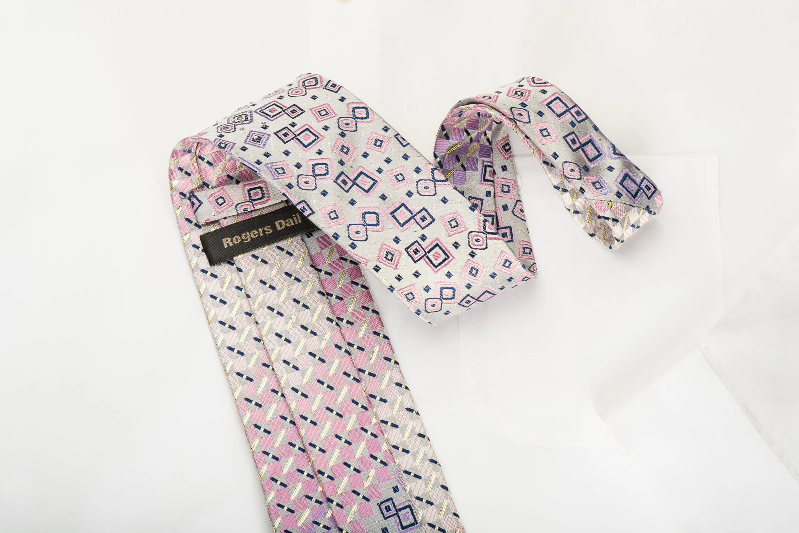 Rogers Dail Silk Necktie Pink Silver Geometric Checker With Rhinestones & Silver Sparkles - Image 2