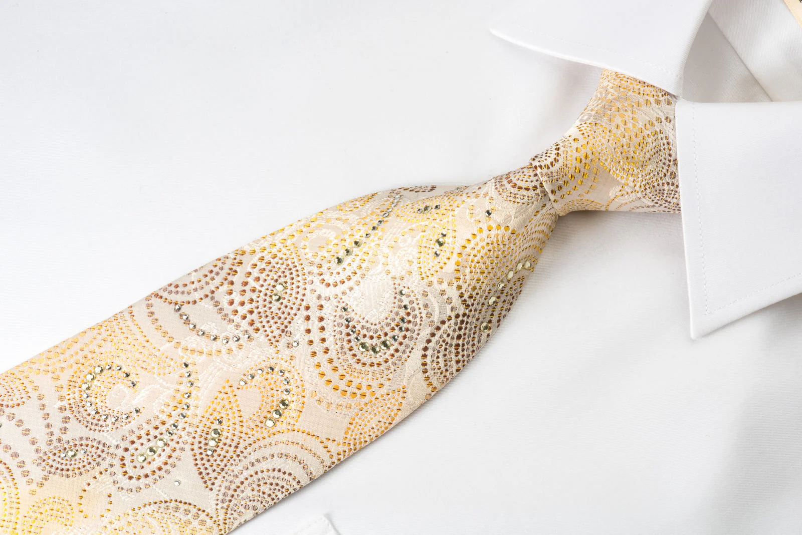 Rogers Dail Silk Tie Brown Orange Paisley On Cream Beige With Sparkling Bling Rhinestones - Image 7