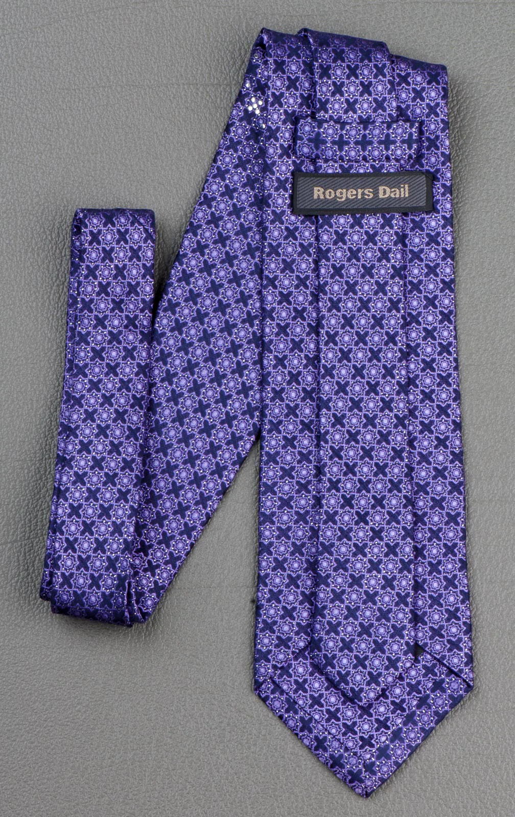 Rogers Dail Silk Tie Purple Geometric Design With Silver Sparkles & Rhinestones - Image 8