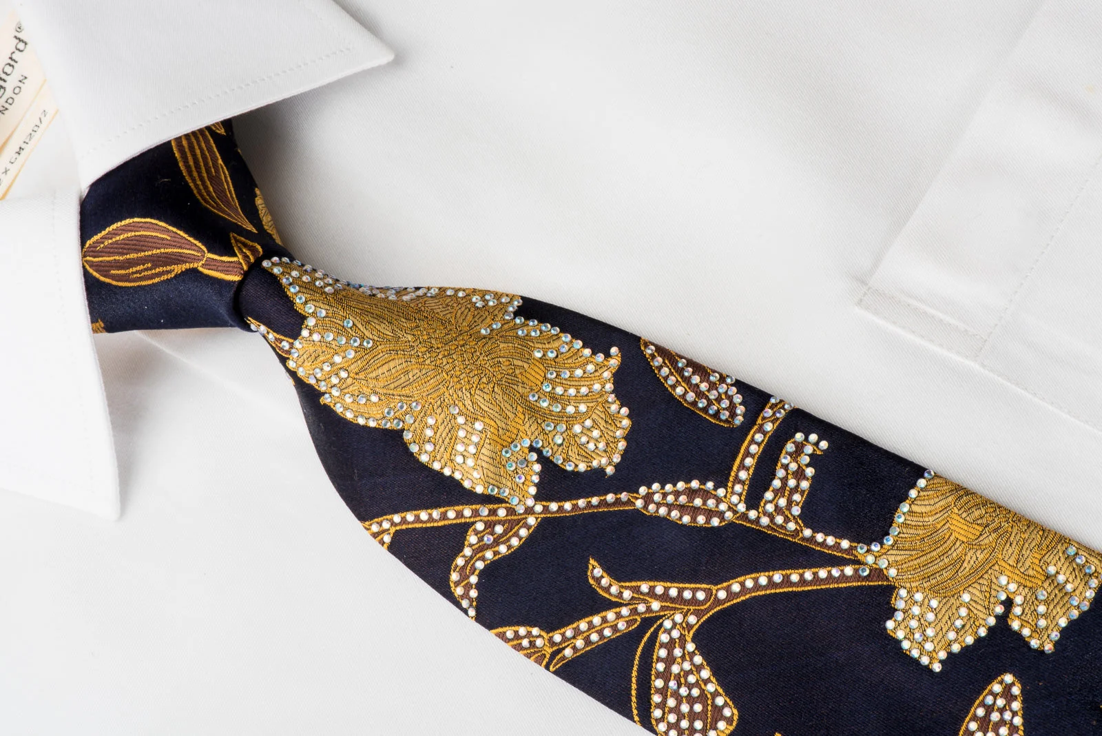 Rogers Dail Woven Silk Necktie Golden Floral On Black Sparkling With Rhinestones - Image 2