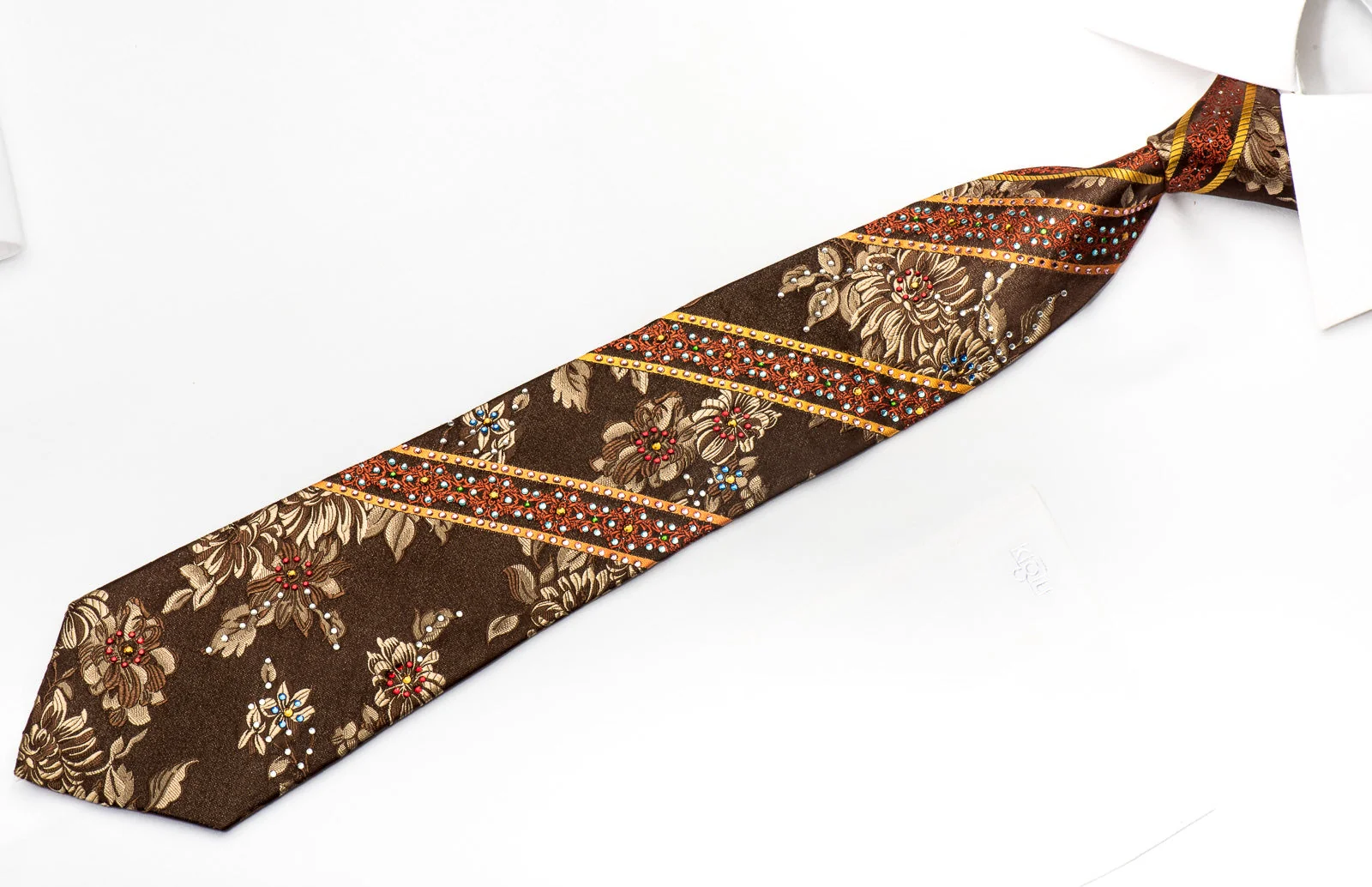 Royal Park Mens Rhinestone Silk Necktie Golden Floral On Brown With Silver Sparkles - Image 3