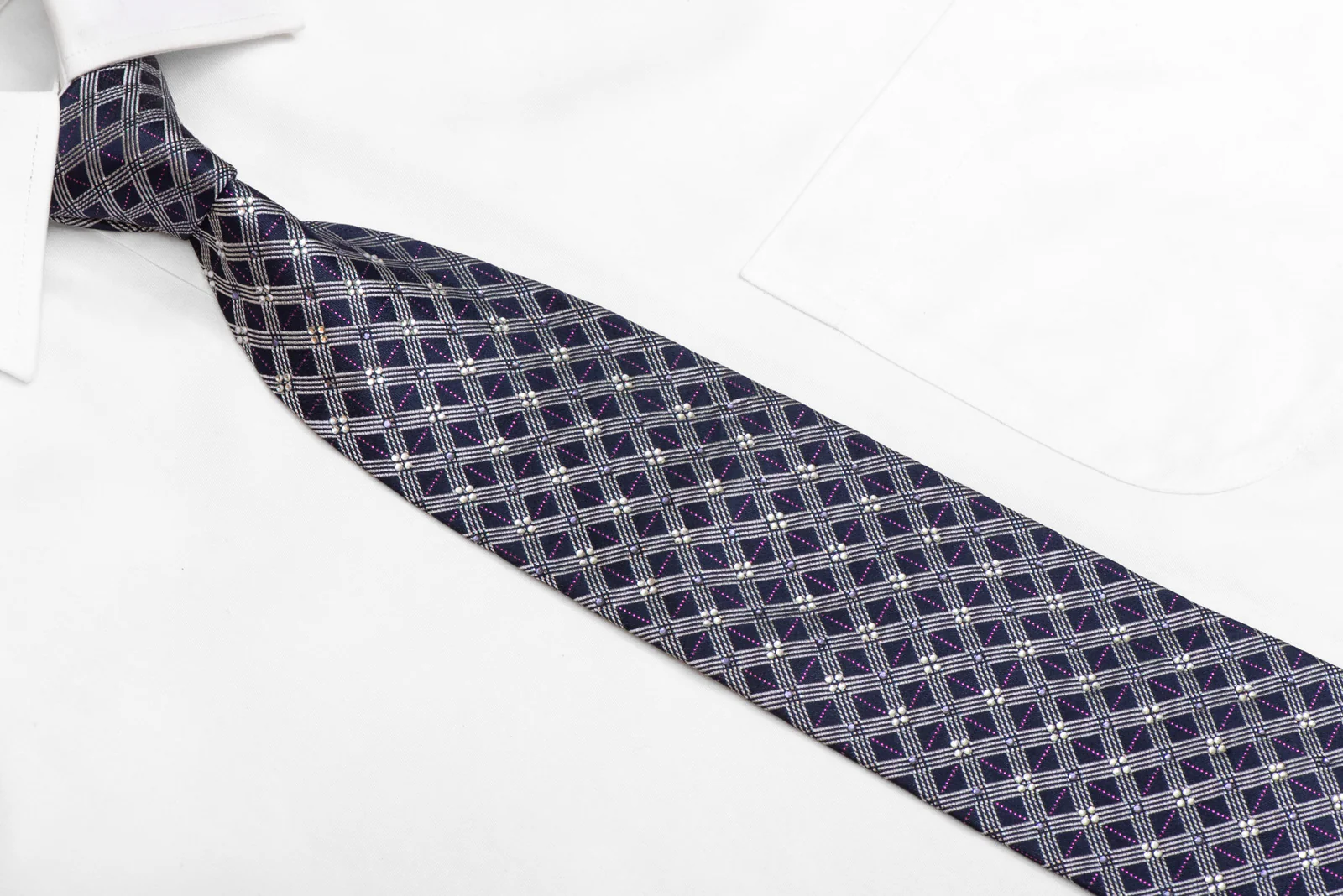 Silver Trellis On Navy Rhinestone Silk Tie With Purple Sparkles - Image 2