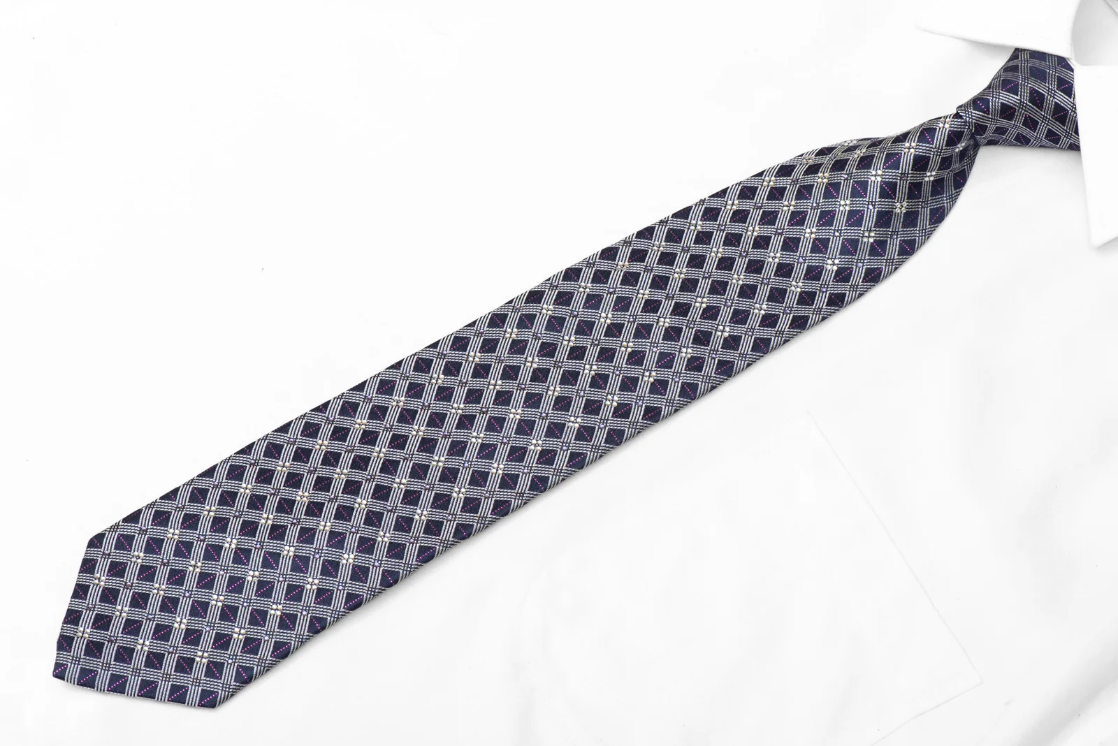 Silver Trellis On Navy Rhinestone Silk Tie With Purple Sparkles - Image 3