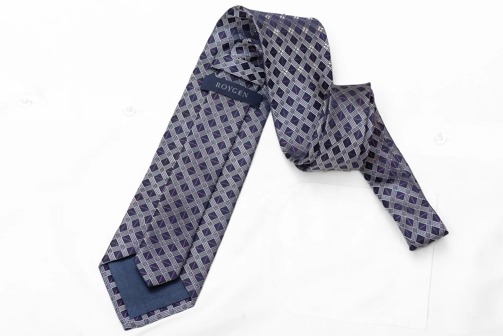 Silver Trellis On Navy Rhinestone Silk Tie With Purple Sparkles - Image 4